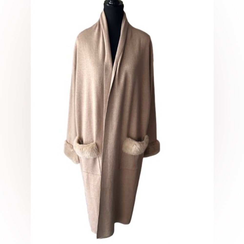 NEW Max Sport Large Long Cardigan Jacket Tan Nude Faux Fur Designer Coat NWT LG